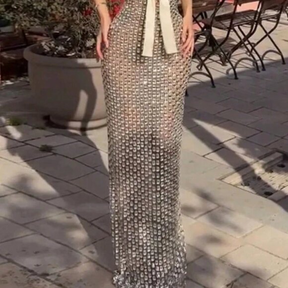 Sexy Women's Rhinestone Square Collar Bow Slim Hip Sleeveless Sling Dress - Picture 6 of 7